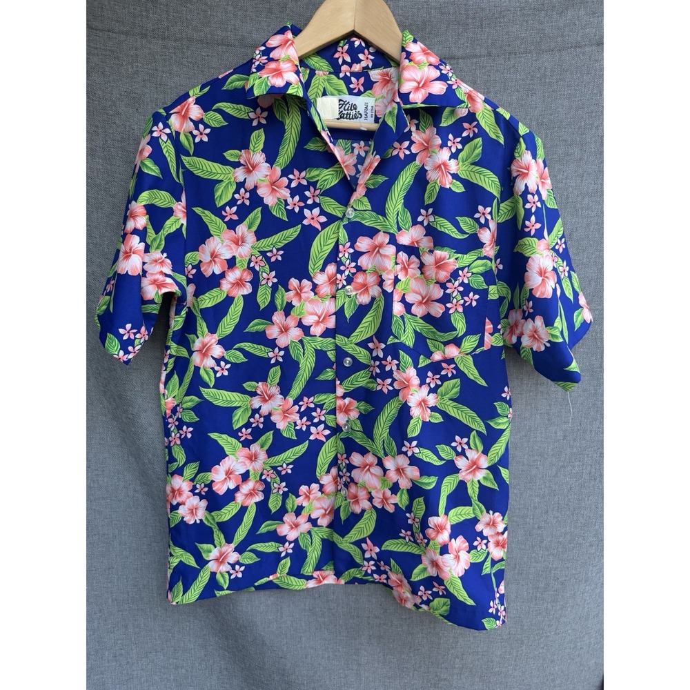 Vintage Hilo Hattie Hawaiian Floral Shirt Medium Blue Pink Style 501 S‎ 70s 80s